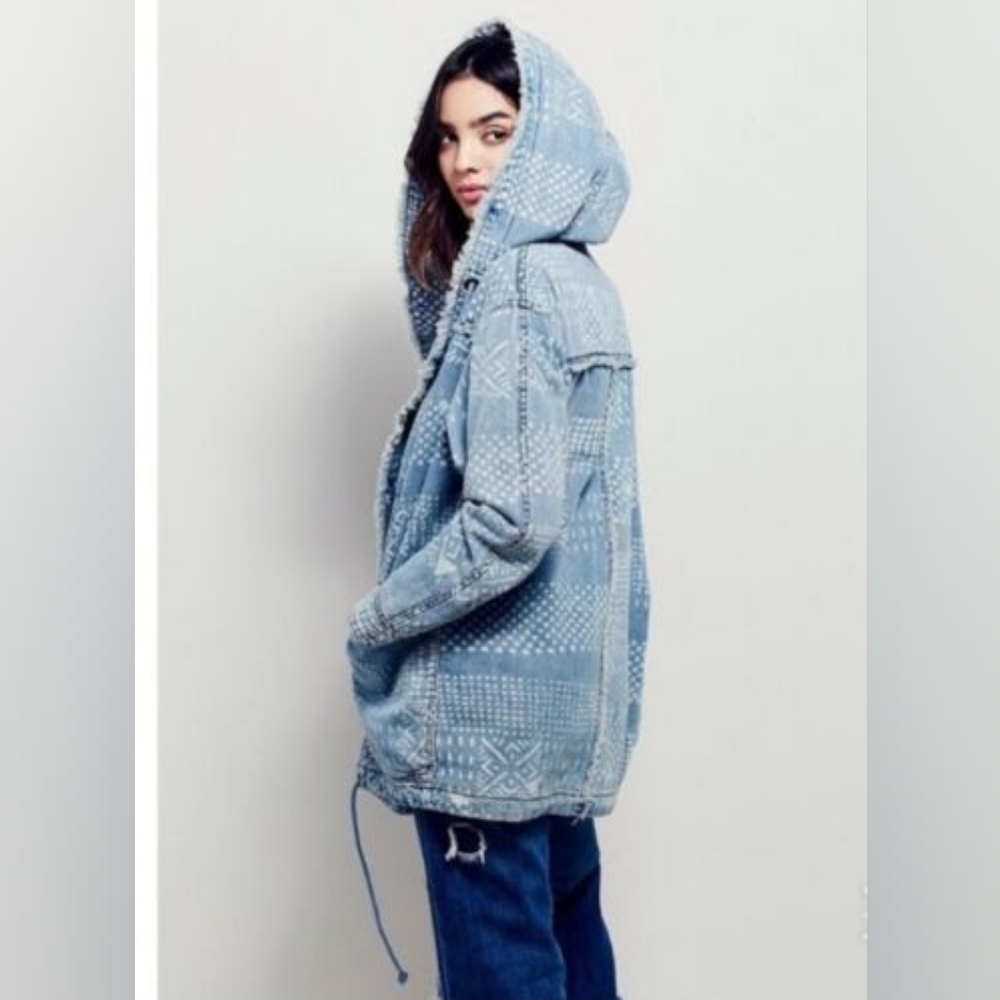 Free People Chambray Hooded Jacket Oversized Denim Coat XS - Picture 1 of 6